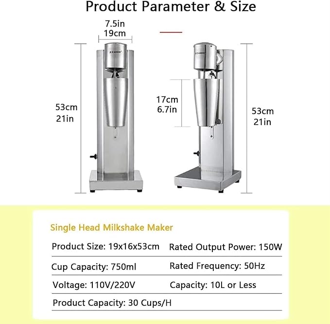 Milkshake Machine Electric Stainless Steel Smoothie Blender Maker Milk Ice Cream Mixerwith 750Ml Cup for Frappe Juices