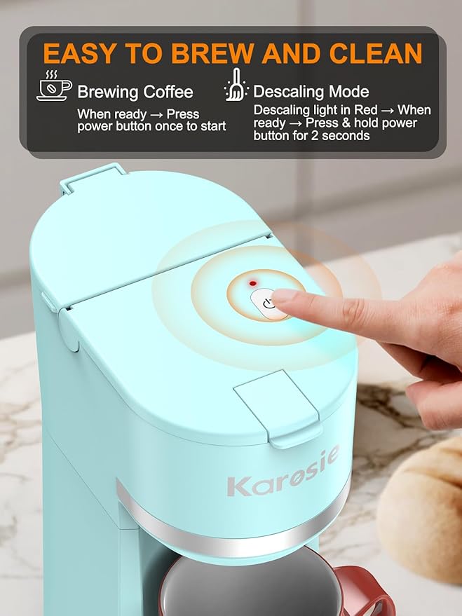 Single Serve Coffee Maker for K-Cup and Ground Coffee Fast Brew 6-12 oz Brew Sizes One Cup Coffee Machine Fits 5.5 Mugs One-Button Small Coffee Maker with Descaling Reminder Light Blue