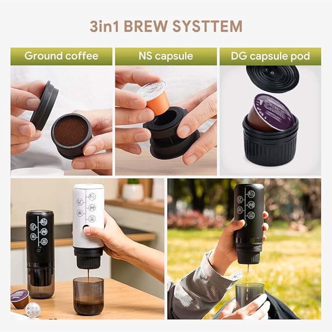 Portable Espresso Machine Mini 12V Rechargeable 3-in-1 Multi-Function Electric Coffee Machine One Key Extraction Compatible with NS &amp DG Capsules and Ground Coffee for Office Home (White)