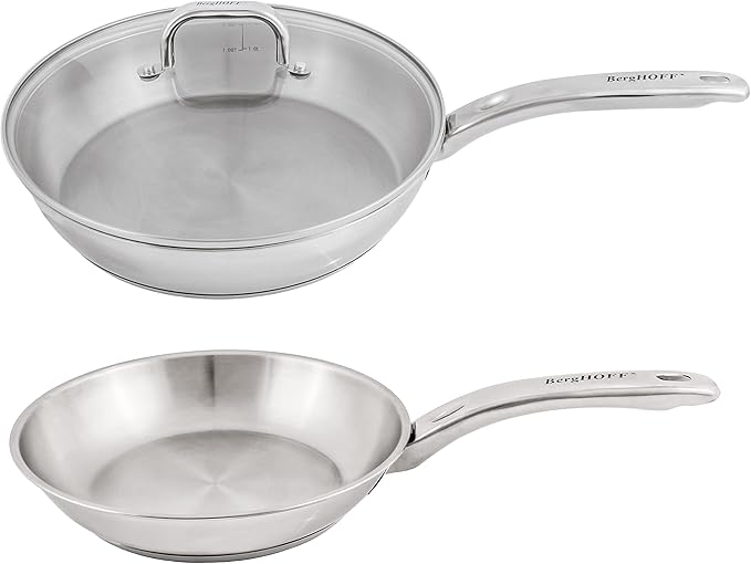 Berghoff Belly Shape18/10 Stainless Steel 3Pc Cookware Set Fry Pan 8 Inches Skillet 2.5qt. Glass Lid Fast Evenly Heat Induction Cooktop Ready Dishwasher Safe