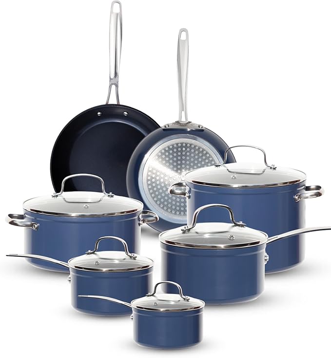 Nuwave Healthy G11-Pots and Pans Set Non Stick 9H Near-Diamond Hardness Scratch-Resistant Works on All Stovetops PFAS Free with Frying Pans Saucepans &amp Glass Lids Stay-Cool Handles Deep Blu