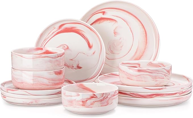 MALACASA Plates and Bowls Sets 12 Pieces Porcelain Dinnerware Sets Dishware Sets Chip Resistant Ceramic Dish Set Dining Dinner Ware Service for 4 Marble Pink Series LUNA