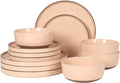 Gibson Elite Northrock Stoneware Dinnerware Set 12-Piece Service for 4 Plates and Bowls Set – Pink Dishes with Hand-Painted Terracotta Base