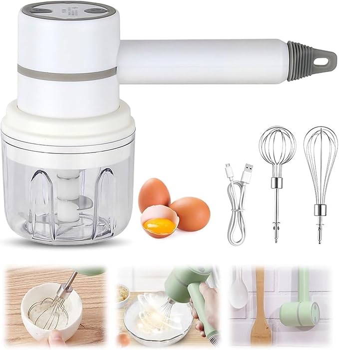 SOYON 3-in-1 Fully Automatic Mixergarlic Chopper MiniCordless Handheld Mixer With Egg Beater And Cream StickFor Kitchen Baking And Cooking(White 250ML)