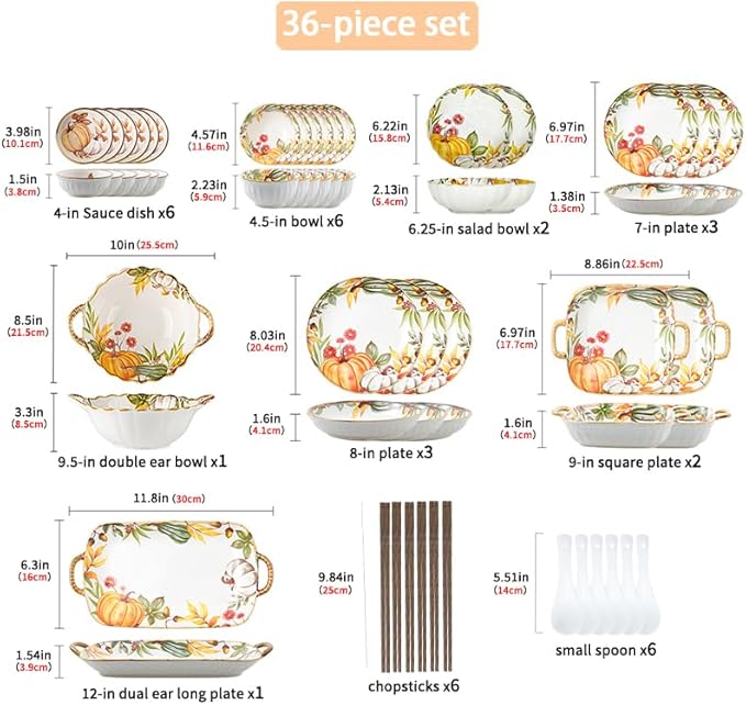 36-piece pumpkin pattern plates and bowls set - microwave and oven safe kitchen plates and bowls set dishware sets for diningfall dinnerware