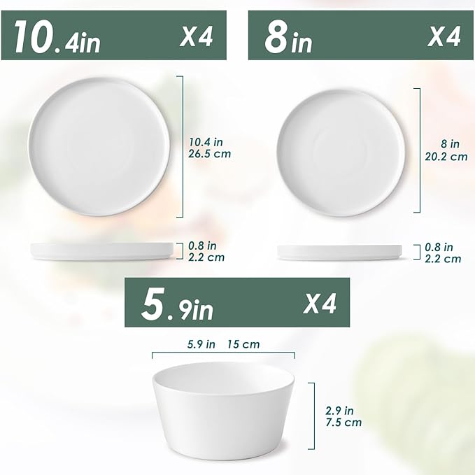 Asrug 12-Piece Plates and Bowls SetsCeramic Dinnerware Sets for 4 Chip Resistant and Scratch Dish Set Dining Dinner Porcelain Dishware Microwave and Dishwasher SafeWhite Matte