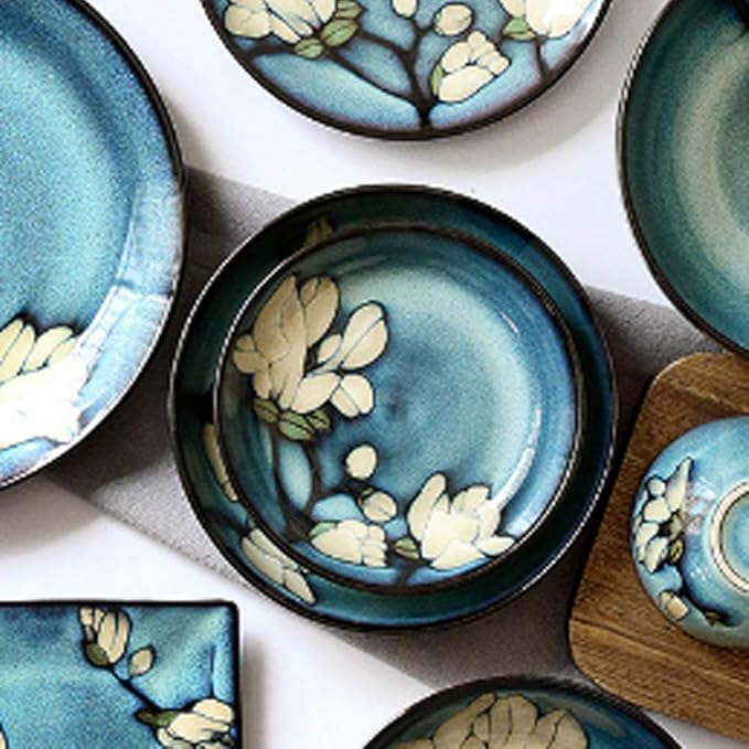 SHINING Blue Creative Hand Painting Porcelain Dinnerware Tableware Dinner Service Set Saqure Plate Deep Plate Bowl For Wedding Birthday Christmas Gift (Set of 15 Pieces)