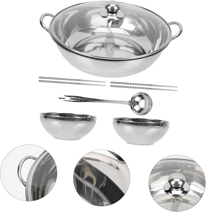 LIFKOME Stainless Steel Dual Flavor Hot Pot Divider Thickened 2-Compartment Cookware Set for Home Multi-Purpose Soup Pot for Family Gatherings and Restaurants