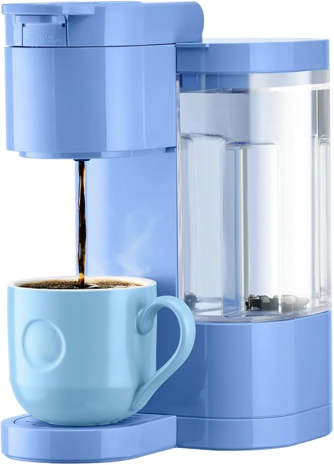 Express Essentials Single-Serve KCup Pod Coffee Maker 3 Cup Sizes Fast Fresh Brew 30oz Removable Water Reservoir Travel Mug Friendly Maintenance Alert Space-Saving (Blue)