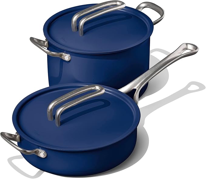 Risa Induction Cookware Pot and Pan Set - Nonstick Ceramic Coating Stainless Steel Handle Cookware Set - 10 inch Pot 11 Inch Pan w/Lid - Deep Blue - Kitchen Sets for Cooking