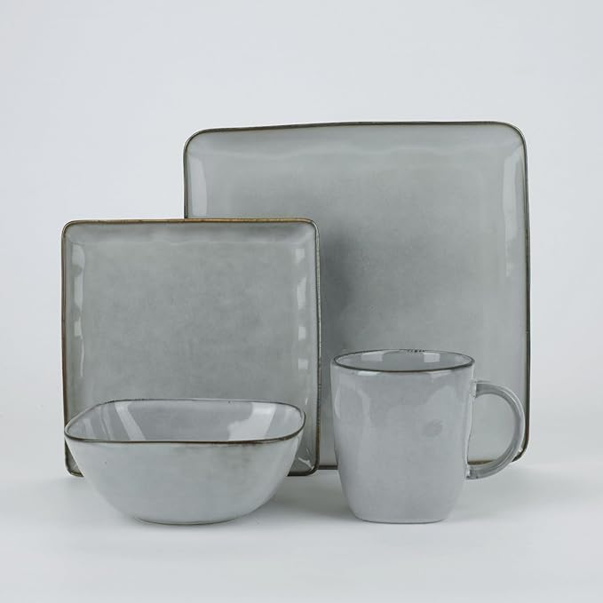 Famiware Ocean Square Plates and Bowls Sets for Kitchen 16-Piece Dinnerware Sets for 4 Mug Set for 4 Grey
