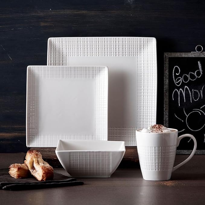 Vikko DinnerWare Sets16 Piece Dinnerware Set 4 Dinner Plates 4 Dessert Plates 4 Bowls 4 Mugs Fine Mesh Design Service for 4 Ceramic Dinnerware Sets Ivory