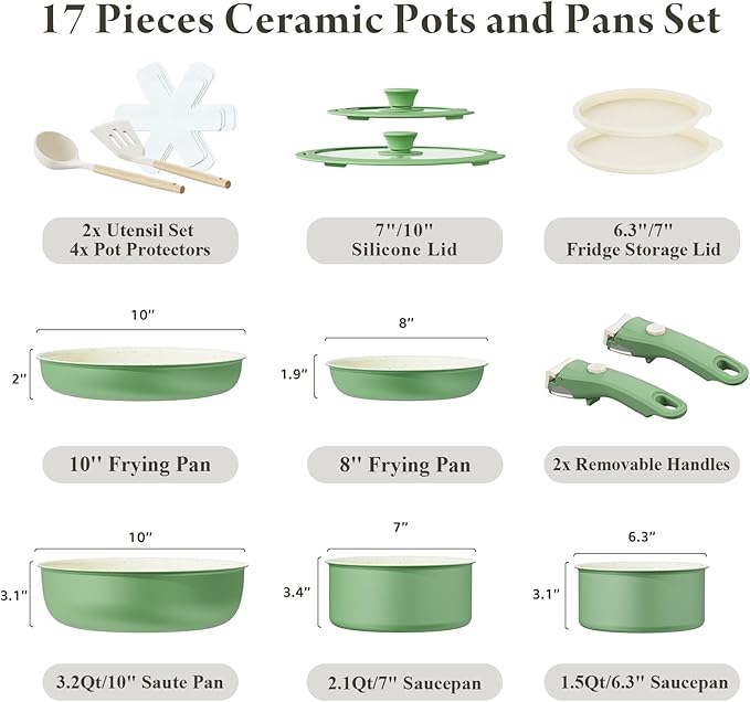 Ceramic Nonstick Cookware Set HealthyNon Toxic17-Pieces Pots and Pans Set Removable HandlesInduction RV Kitchen SetStain &amp Scratch-resistantDishwasher/Oven SafePFAS/PFOA FreeGreen