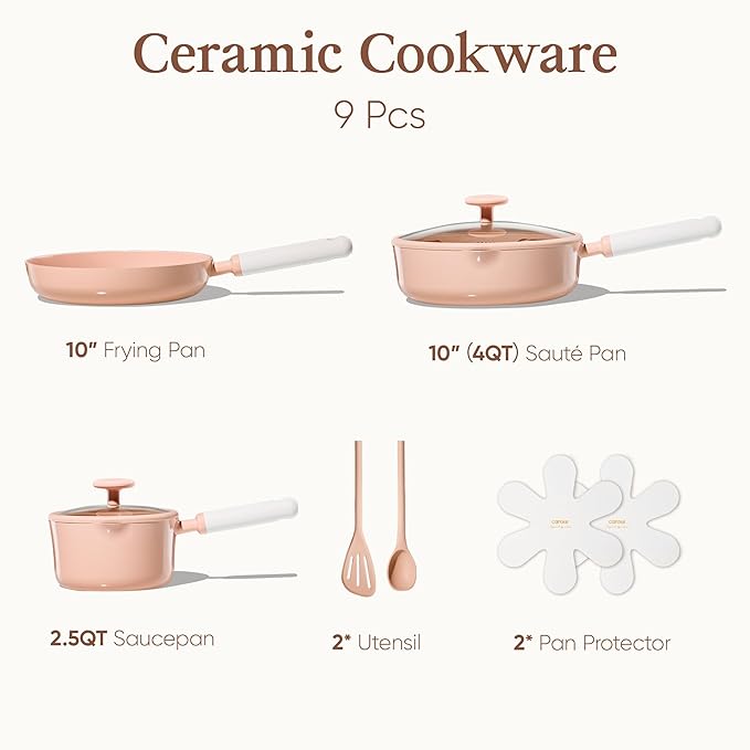 CAROTE Ceramic Cookware Set Nonstick 9pcs Pots and Pans Set Non stick Non-Toxic &amp PFAS-FreeDishwasher RV/Camping Cookware SetSauce Pan with Lid Pink