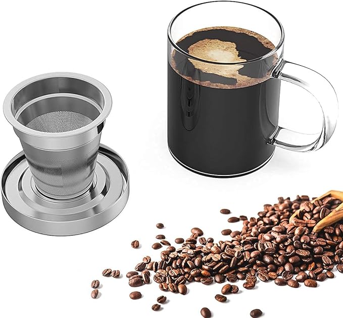 Pour Over Coffee Maker Set for Travel/Camping/Hiking Single Cup Stainless Steel Coffee Filter 14 Oz Borosilicate Glass Mug Extra Permanent Lid and Moulded Neoprene Case at Home/Office