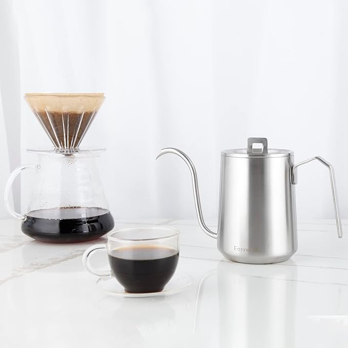Easyworkz Gooseneck Pour Over Coffee Kettle 20 oz Stainless Steel Hand Drip Coffee Pot With Long Narrow Spout Brushed Silver