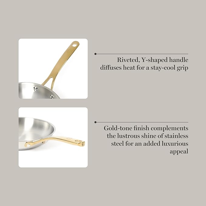 Martha Stewart Castelle 9.5-Inch Stainless Steel Frying Pan with Gold-Tone Handle – Tri-Ply Encapsulated Bottom Oven Safe &amp Induction Safe Skillet for Searing and Sautéing
