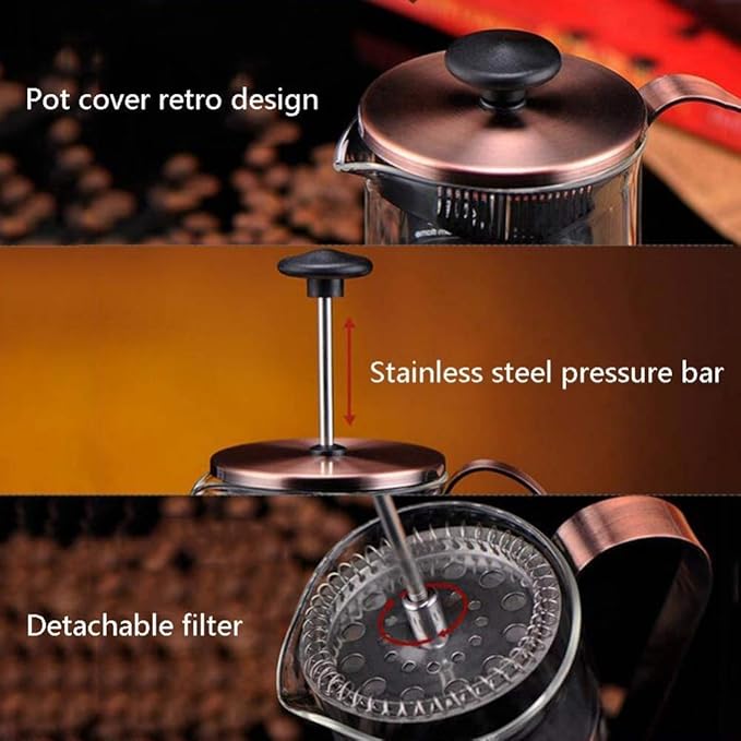 French Press Coffee Maker Stainless Steel Cafetiere Glass Jug Stainless Steel Coffee Plunger Filter Manual Coffee Maker Copper Finish Coffee Press-350ML