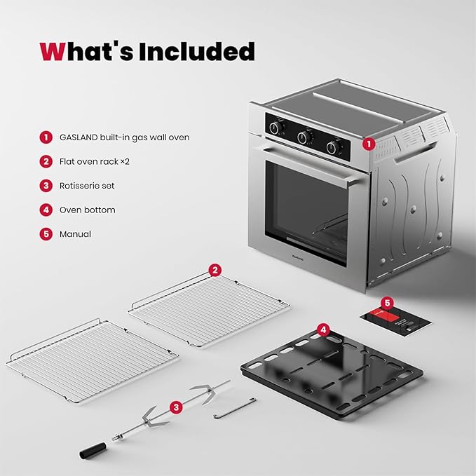 GASLAND 24 Gas Wall Oven ETL Certified Natural Gas Wall Oven Built-in Single Wall Oven with Bake Broil Rotisserie Functions Timer and Convection Fan 120V Cord Plug Stainless Steel