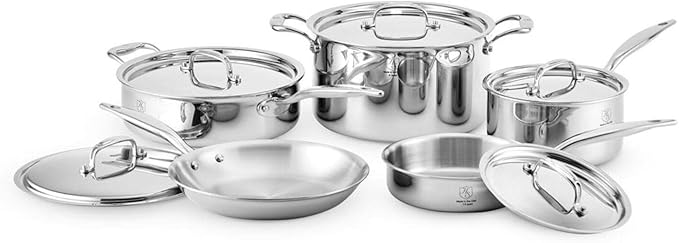 Heritage Steel 10 Piece Cookware Set - Made in USA - Titanium Strengthened 316Ti Stainless Steel with 5-Ply Construction - Induction-Ready and Fully Clad