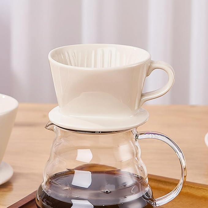 Amailtom Ceramic Pour Over Coffee Dripper Manual Slow Brew Coffee Maker with Open Base Design for Precise Extraction Single Cup Porcelain Brewer White