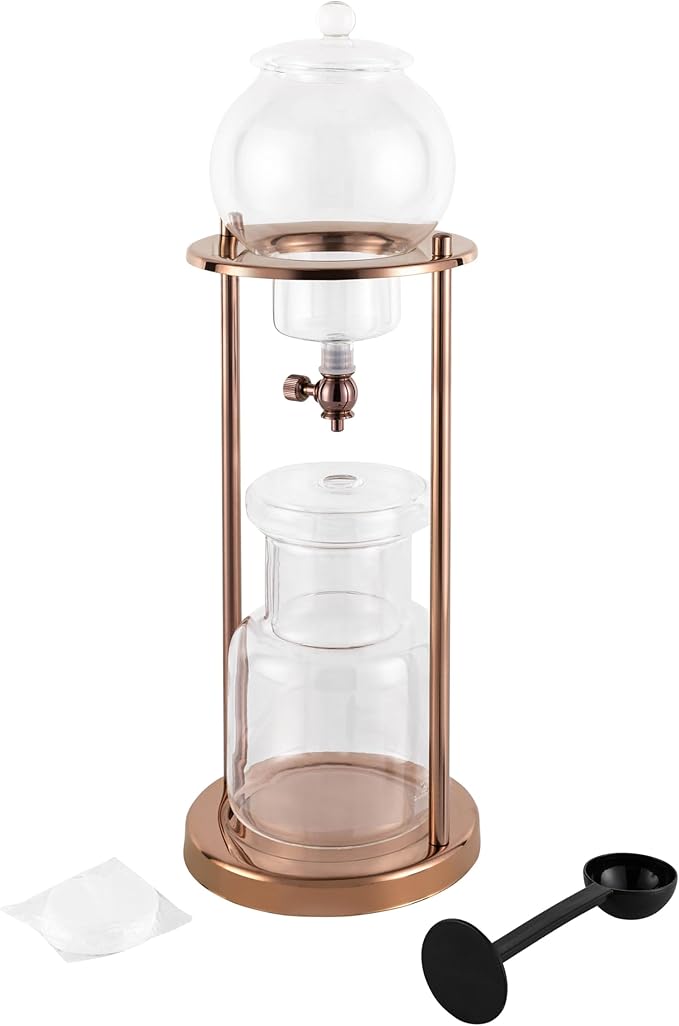 Iced Coffee Cold Brew Drip Tower 600ML Glass Cold Brew Coffee Maker for Home Office Use Iced Tea Maker 6-8 Cups Brewing 4 Hours Gold