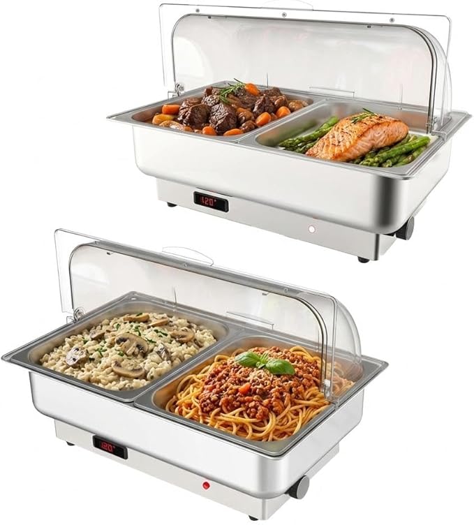 Electric Chafing Dishes Set – 2-Pack 4.5QT Stainless Steel Buffet Servers – Roll Top with Transparent Lid – Adjustable Temperature – Food Warmer for Catering Parties Weddings – 2 * 1/2