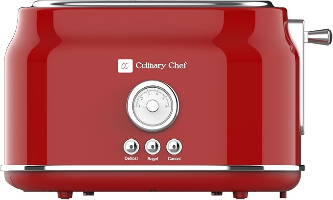 Frigidaire ETO102-WHITE 2 Slice Toaster Retro Style Wide Slot for Bread English Muffins Croissants and Bagels 5 Adjustable Toast Settings Cancel and Defrost 900w Red