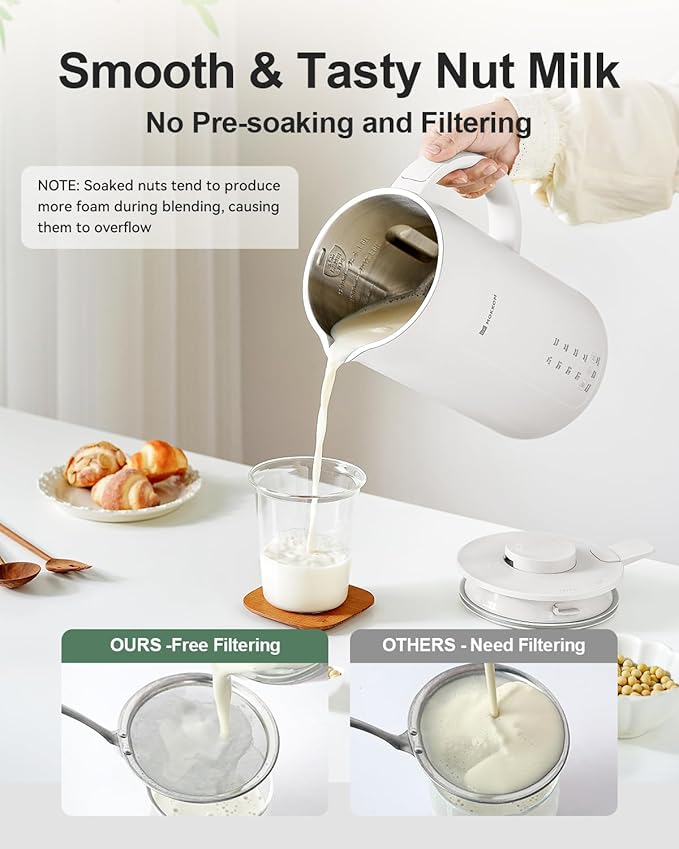 MOKKOM Nut Milk Maker 42oz Automatic Almond Milk Machine for Homemade Plant-Based Milk Oats Soy Dairy Free Beverages Soy Milk Maker with Delay Start/Keep Warm/Self-Cleaning/Boiling White