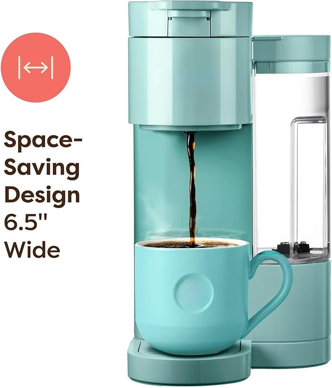 Express Essentials Single-Serve Cup Pod Coffee Maker 3 Cup Sizes Fast Fresh Brew 30oz Removable Water Reservoir Travel Mug Friendly Maintenance Alert Space-Saving (Seafoam Green)