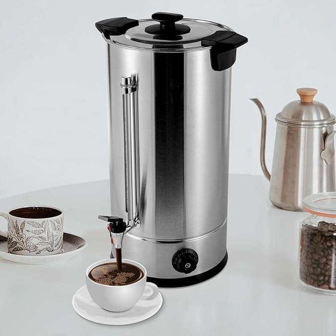 Commercial Coffee Maker 25L/6.6gal Stainless Steel Coffee Urn 1.4KW Coffee Maker Electric Hot Water Urn for Home Party Office Wedding Double-Layer Insulation Visual Coffee Level Indicator