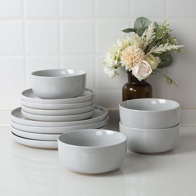 Famiware Milkyway Plates and Bowls Set of 12 and Kitchen Utensil Holder for Countertop Set of 2 14 Pieces Dinnerware Sets Light Gray