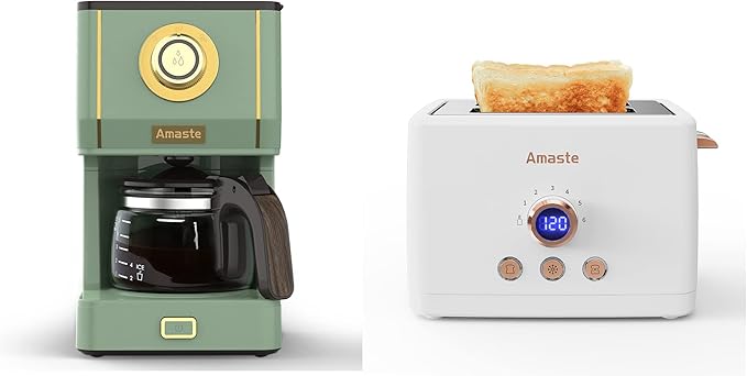Amaste Retro Coffee Maker &amp Toaster Set- Matcha Green &amp Elegant White with Rose Gold