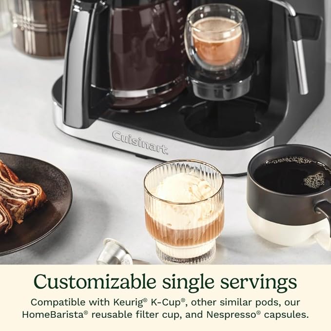 Cuisinart Coffeemaker Coffee Center Barista Bar 4-In-1 Coffee Machine Single-Serve Coffee Espresso &amp Nespresso Capsule Compatible 12-Cup Carafe Silver Crystal SS-4N1SC