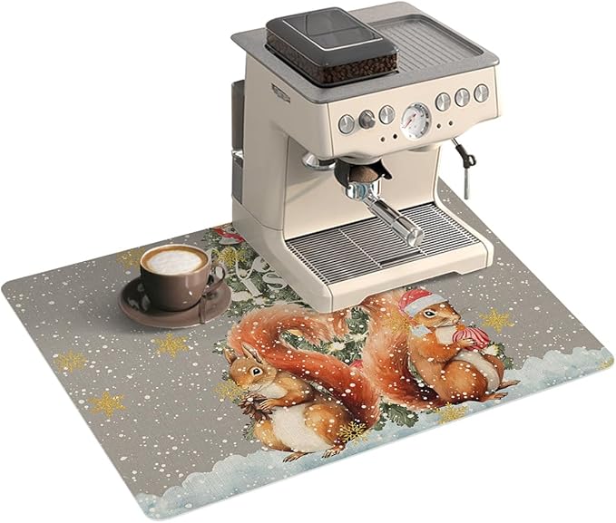 Coffee Mat Coffee Bar Mat for Countertops Merry Christmas Squirrel with Xmas Trees Gray Absorbent Coffee Maker Mat Rubber Backed Dish Drying Mat for Coffee Espresso Machine Coffee Maker 16x24