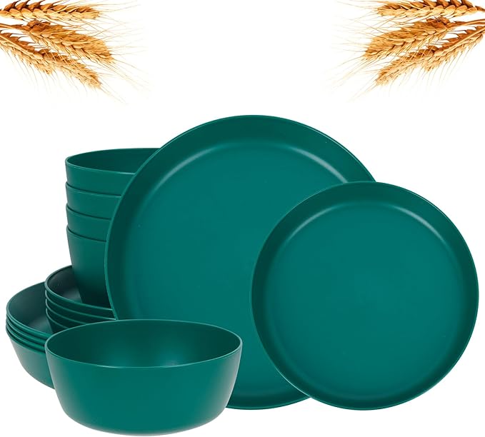 EI 12pcs Dark Green Wheat Straw PlatesPlate and Bowls SetsWheat Straw Dinnerware SetUnbreakabl Plastic Plates ReusableeMelamine Dinnerware Sets