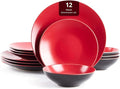 HomeVss Stoneware Two-Tone Colors Life 12pc Dinner SetOutside Shiny Black + Inside Matte Glaze Red