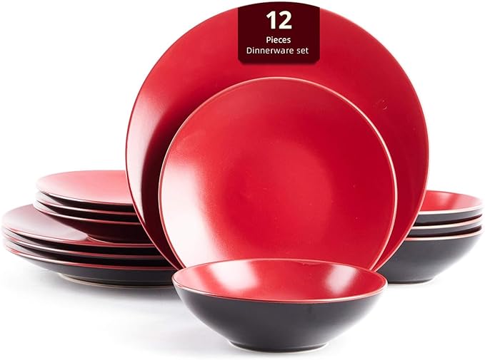 HomeVss Stoneware Two-Tone Colors Life 12pc Dinner SetOutside Shiny Black + Inside Matte Glaze Red