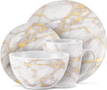 Pemberly Row Contemporary 16-Piece Porcelain Dinnerware Set Gold Marble Finish Lightweight Chip-Resistant Dishwasher &amp Microwave Safe Includes Plates Bowls Mugs for Everyday or Special Occas