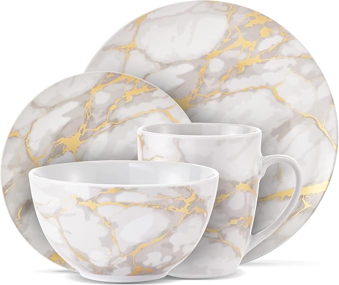 Pemberly Row Contemporary 16-Piece Porcelain Dinnerware Set Gold Marble Finish Lightweight Chip-Resistant Dishwasher &amp Microwave Safe Includes Plates Bowls Mugs for Everyday or Special Occas