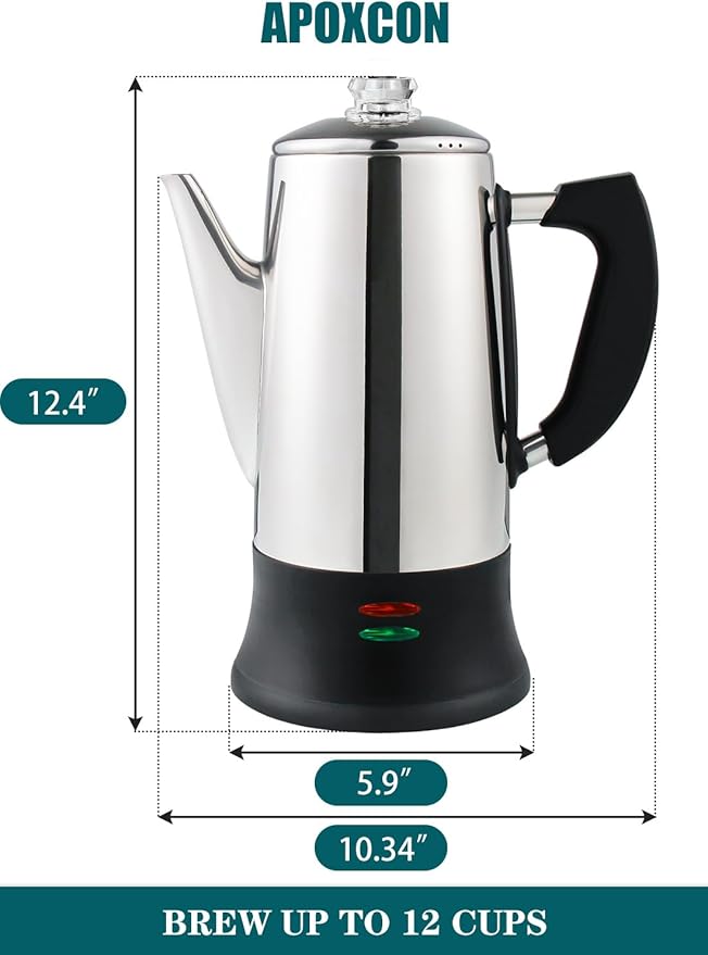 Electric Coffee Percolator Stainless Steel Coffee Maker with Two Heat Resistant Tough Glass Clear Brew Progress Knob Classic Look Keep Warm &amp Cordless Serving Coffee Pot 12 Cup