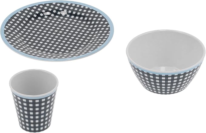 Dark Blue Grid Pattern Melamine Tableware Set Dinnerware Cutlery Salad Plate Bowl Cup Kit for Home Restaurant Scald Proof Tableware with 500ml Bowl 260ml Cup