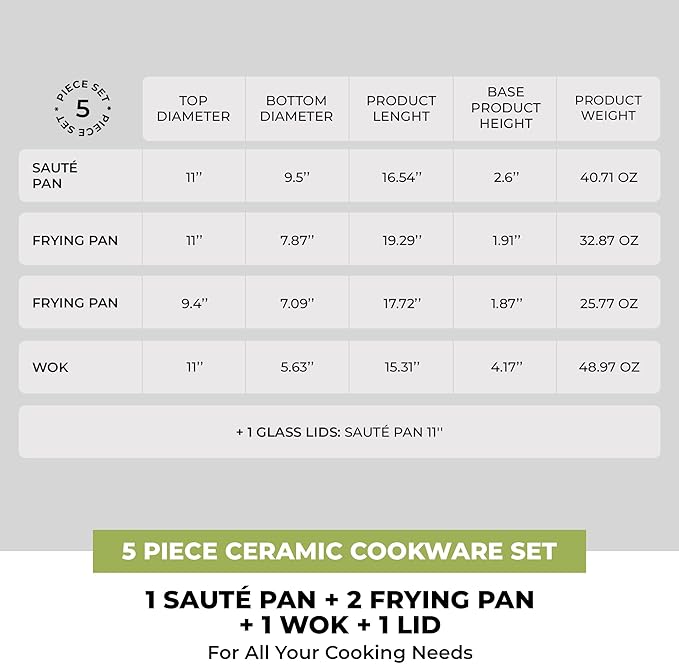 BRA COOKWARE Life 5-Piece Ceramic Cookware Set | Recycled Cast Aluminum Pots &amp Pans Set w/ 1 Sauté Pan 2 Pan 1 Wok 1 Lid | Ceramic Non-Stick Coating | All Stovetos | PFOA Free