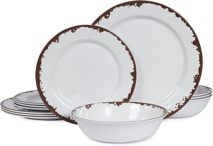 Melamine Dinnerware Set-12 Piece Melamine Plates and Bowls Set for 4Lightweight yet Durable Dish SetCamping/RV Unbreakable Serving Dishes Dishwasher Safe Off White