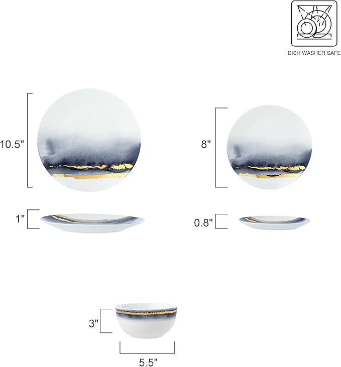 Joseph Sedgh Collection “Lazuli” 12-Piece Porcelain Dinnerware Set Service for 4 Blue and Gold