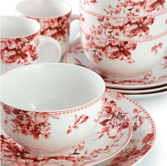 Traditional Red Rose 16 Piece Stoneware Dinnerware Set (Red)