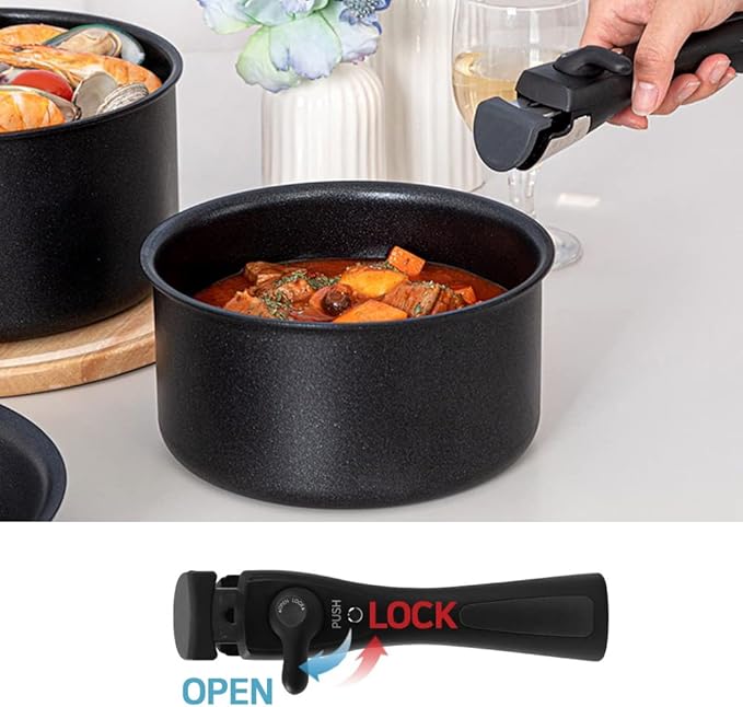 IH titanium coating non stick Induction Cookware Set of 3P with lid &amp magic handle Black