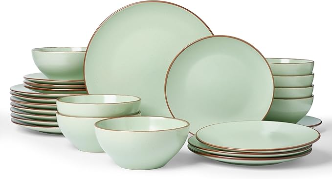 Famiware Venus Plates and Bowls Sets 24 Pieces Stoneware Speckled Dinnerware Dishes Set for 8 Light Green - Microwave &amp Dishwasher Safe Modern Minimalist for Everyday Meals &amp Formal Dining