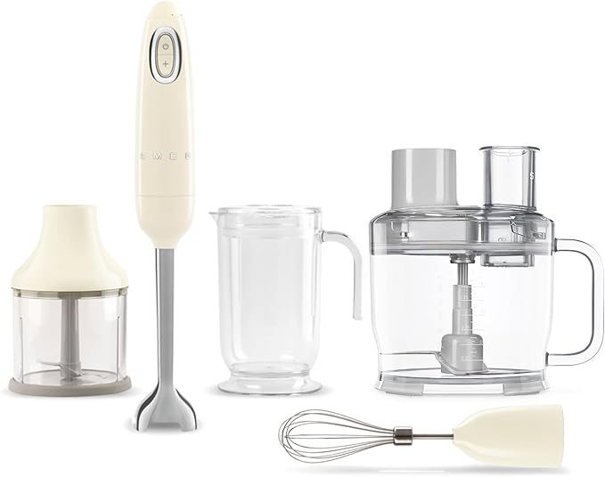 SMEG Hand Blender &amp Food Processor Bundle – HBF03 with HBFP11 Attachment – Retro Style 350W Motor Variable Speed Tritan™ Renew Bowl 5-in-1 Functionality Cream
