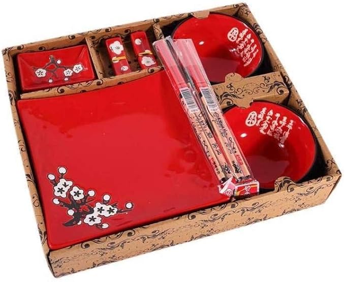 Japanese Dinner Set - 10 Pieces Red Floral Pattern